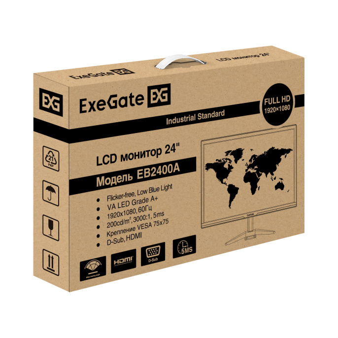 Монитор 24" ExeGate EB2400A (VA LED Grade A+, FHD, 1920x1080@75Гц, 16:9, 200cd/m2, 3000:1, 178°/178°, 5ms, D-Sub, HDMI, Flicker-free, Low Blue Light, кабель HDMI 1.5м, VESA, регулировка наклона (tilt), черный) EX297377RUS