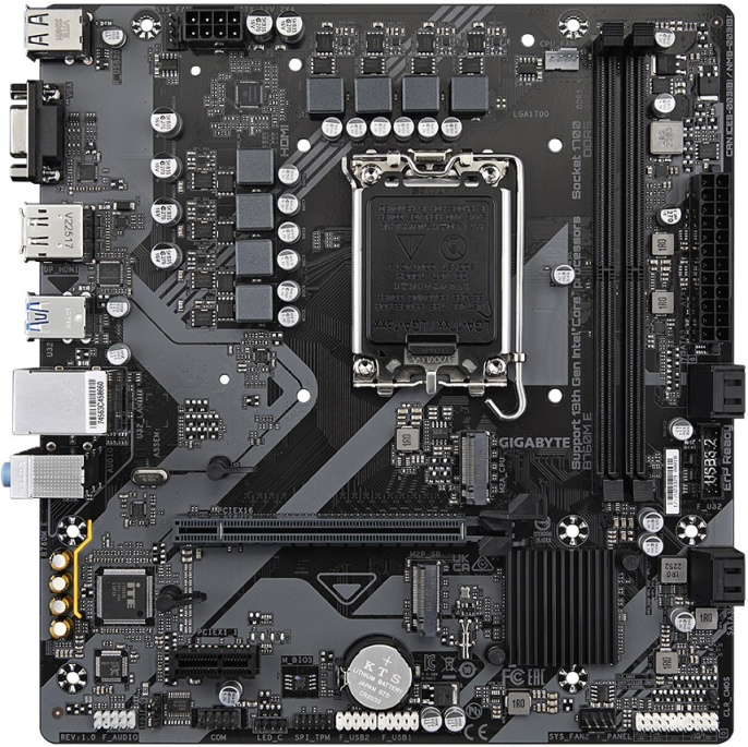 Материнская плата Gigabyte B760M E rev. 1.0 mATX, 23x21.5 см, Intel B760, 2xDDR5 DIMM, 7200МГц, до 128GB, звук 7.1, 4xSATA3.0 6Gb/s , 2xM.2, 2xPCIe4.0x16, 2xPCIe4.0x4, 1хHDMI, 1xDisplayPort B760M E rev. 1.0