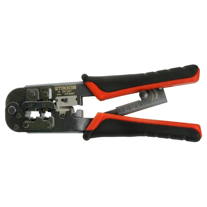 Кримпер STEKKER CTLS007 для обжима RJ разъемов RJ-45 8P8C , RJ-12 6P6C и RJ-11 6P4C и 6P2C , черный/красный, 49613