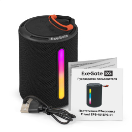 Портативная BT-колонка ExeGate Friend EPS-45 5Вт, 50-20000Гц, Bluetooth, с поддержкой USB и TF/microSD карт, FM, Li-Ion 500mAh, цвет черный, RGB подсветка, зарядка USB Type-C, Color Box EX289731RUS