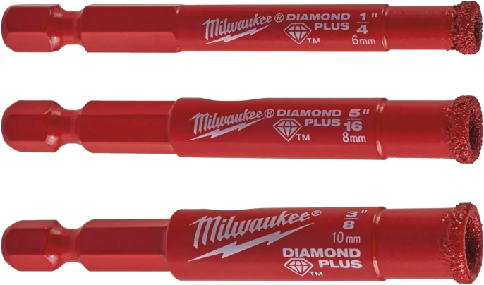 Сверло Milwaukee DIAMOND MAX 1/4″ WET 3шт 4932498368 обрабатываемый материал: фарфор, грес, каменная плитка, чугун, стекловолокно, диаметр: 6,8,10 мм, 1/4″ шестигранник