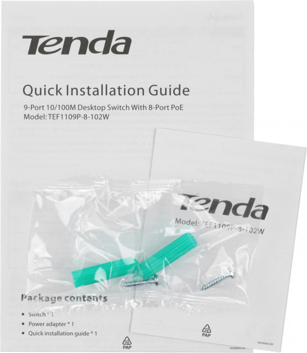 Коммутатор TENDA TEF1109P-8-102W, неуправляемый