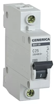 Выключатель автоматический IEK Generica MVA25-1-025-C 25A тип C 4.5kA 1П 230В 1мод серый (упак.:1шт)
