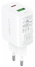 Зарядное устройство ACEFAST A25 PD20W USB-C+USB-A dual port charger EU - White AF-A25-WH