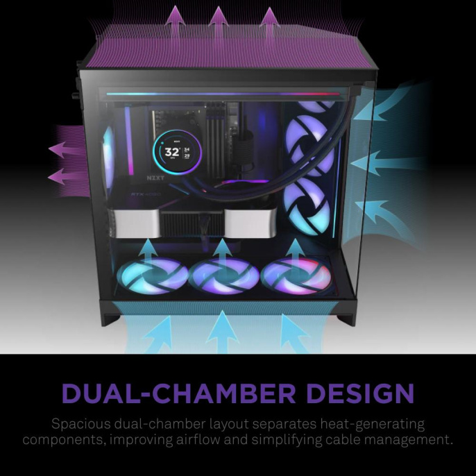 Корпус без блока питания/ Case NZXT H9 Flow RGB 2025 , Midi-Tower, TG, 3x140mm RGB + 1x120mm, 2xUSB-A 3.2 + 1xUSB-C 3.2, E-ATX, ATX, mATX, mITX Black (CM-H92FB-R1)