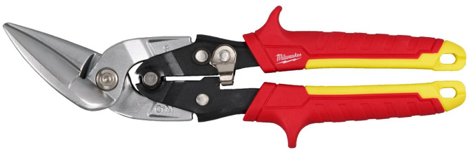 Ножницы по металлу Milwaukee 4932499019 с прямым режущим офсетом, зазубренные режущие кромки, торсионная пружина, механизм блокировки одной рукой, смещенные, тройная маркировка направления резки, эргономичные и прочные литые ручки, цветовой код: желтый