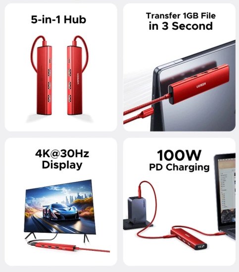 Хаб UGREEN CM478 75325 5-in-1 USB-C PD 100W&USB-A 3.0&2*USB-A 2.0&HDMI 4K30Hz. Цвет: красный (75325_)
