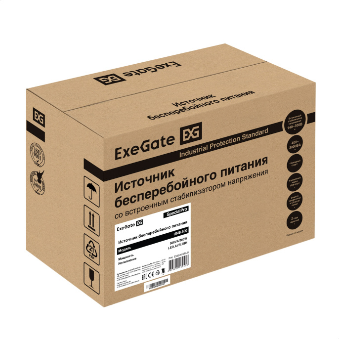 ИБП ExeGate SpecialPro UNB-500.LED.AVR.2SH 500VA/300W, LED, AVR, 2*EU/Тип F Schuko , батарея 12V 4.5Ah, Black EX294612RUS