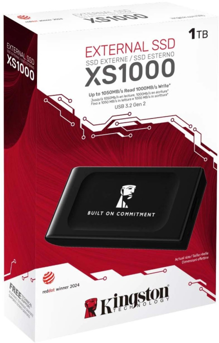 1ТБ Внешний диск SSD Kingston XS1000 SXS1000/1000GA, USB 3.2 Gen 2, запись - 1000МБ/с, чтение - 1050МБ/с, черный
