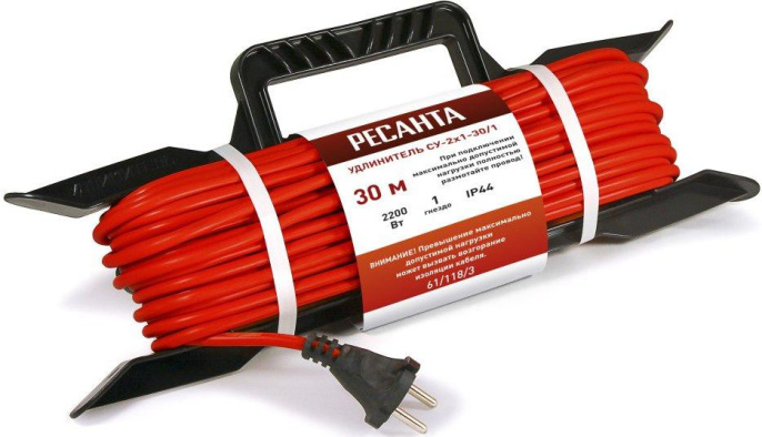 Удлинитель силовой Ресанта СУ-2х1-30/1 (IP44), розеток 1шт, 2x1.0 кв.мм, 30м, ПВС, рамка пластиковая, красный [61/118/3]
