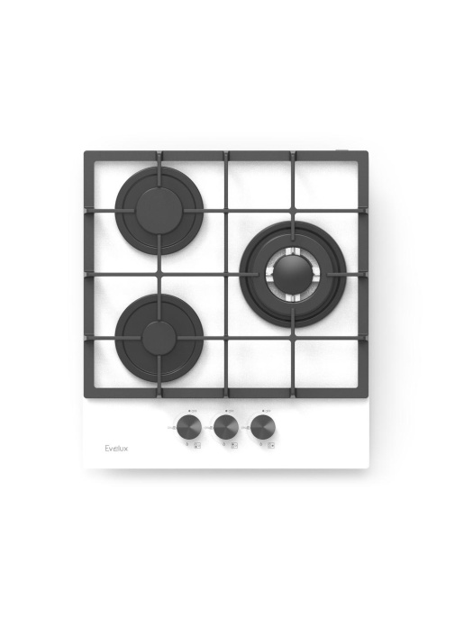 Газовая варочная панель EVELUX, Hi-Tech, 45 см, 3 конфорки, WOK-конфорка, чугунные решетки, газ-контроль, электроподжиг, механическое управление, цвет белый