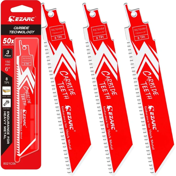 Полотна из карбида вольфрама по металлу, чугуну, легированной стали 8TPI 150 мм, 3 шт, для сабельной пилы Ezarc 8021C06