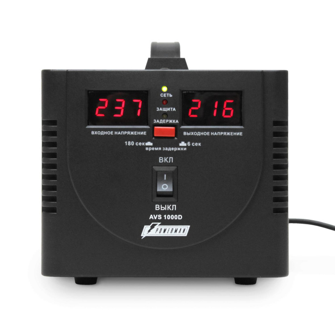 Стабилизатор POWERMAN AVS 1000D, черный, ступенчатый регулятор, цифровые индикаторы уровней напряжения, 1000ВА, 140-260В, максимальный входной ток 7А, 2 евророзетки, IP-20, напольный, 200мм х 150мм х 140мм, 2,3 кг./ Stabilizer POWERMAN AVS 1000D, black,