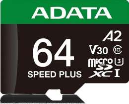 Карта памяти microSDXC UHS-I U3 A-Data Speed Plus 64 ГБ, 160 МБ/с, Class 10, UD64GUI3V30A2SP-RA1,  1 шт., переходник SD