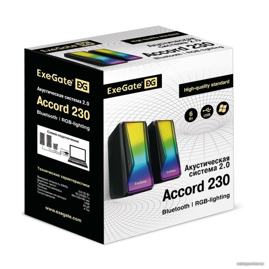 Акустическая система 2.0 ExeGate Accord 230 (питание USB,Bluetooth, 2х3Вт (6Вт RMS), 60-20000Гц, цвет черный, RGB подсветка, Color Box) EX289687RUS