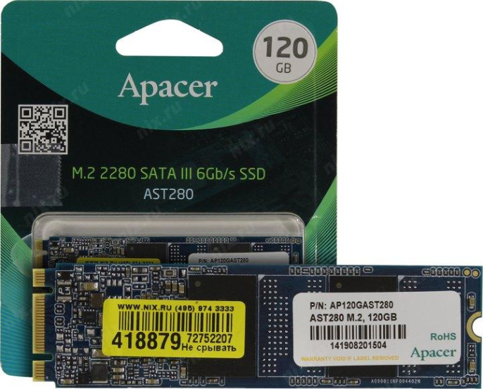 Накопитель SSD Apacer AST280 120GB AP120GAST280-1 M.2, SATA III, 120 Гб, скорость чтения/записи: 500/470 Мб, 39000 IOPS, TLC
