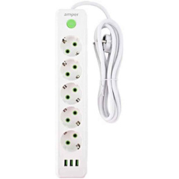 Amper сетевой удлинитель, 4,0м, 5 розеток, 10А, 2500 Вт, 3usb, белый. [JH-1033U-4W]