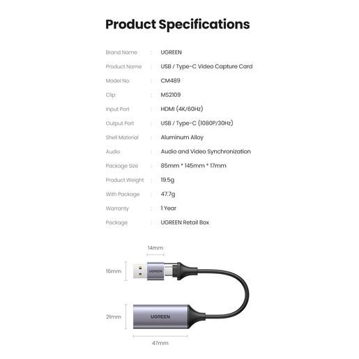 Внешняя карта видеозахвата UGREEN CM489 (40189) USB 1080P Video Capture Device. Цвет: серый