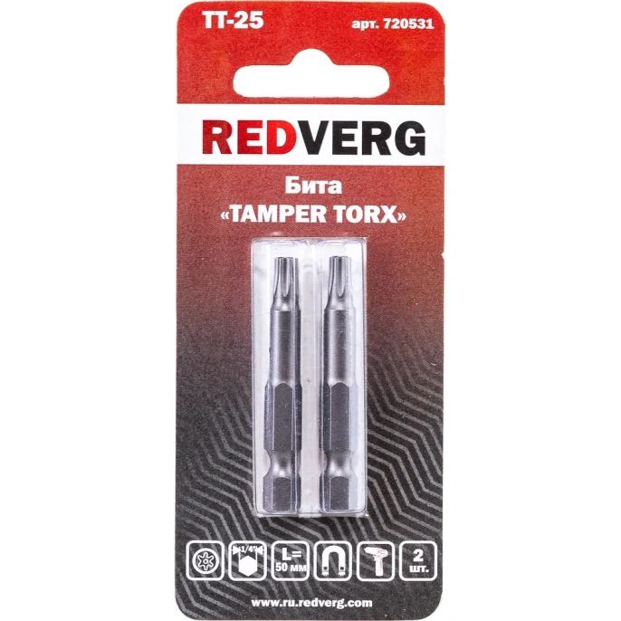 Бита Torx Tamper ТТ25, 50 мм, 2 шт. REDVERG 6623507