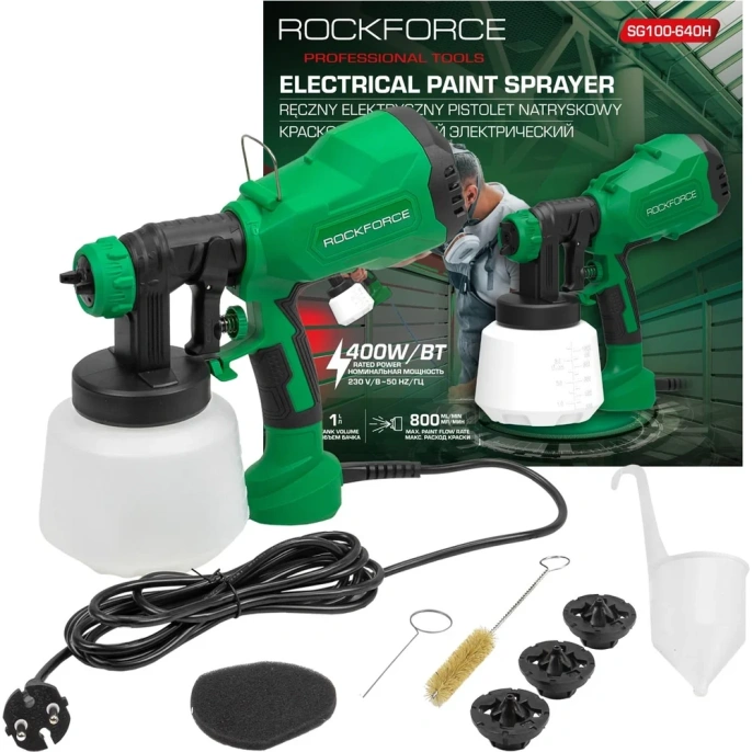 Электрический ручной краскопульт Rockforce 230 В, 400 Вт, объем бачка 1 л, макс.расход краски 800 мл/мин RF-SG100-640H(59000)