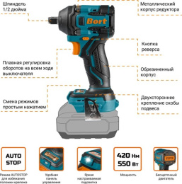 Гайковерт Bort BSR-21U-S аккум. патрон:шестигр.1/4"/квад.1/2" (93418675)