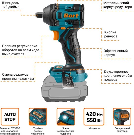 Гайковерт Bort BSR-21U-S аккум. патрон:шестигр.1/4"/квад.1/2" (93418675)