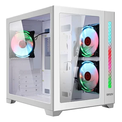 Корпус V450 GINZZU White, Куб, mATX/ITX, USB2.0 + USB3.0, контроллер RGB CRC6, вентиляторы 3x12см RGB, закаленное стело, Съемная корзина для жестких дисков, магнитный фильтр, белый