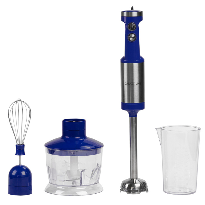 Блендер Galaxy Line GL2129 Cиний мощность: 900 Вт, 2 скорости, четырехлопастной нож, объем чаши: 0.6 л, насадка-измельчитель, насадка-венчик, насадка-блендер, мерный стакан: 500 мл