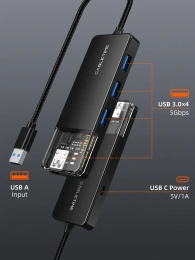 Концентратор CABLETIME CB02B (CT-HUBT2-PB) 4 порта, 5Gbps, 1 м, с блоком питания, USB-хаб для ноутбука и ПК
