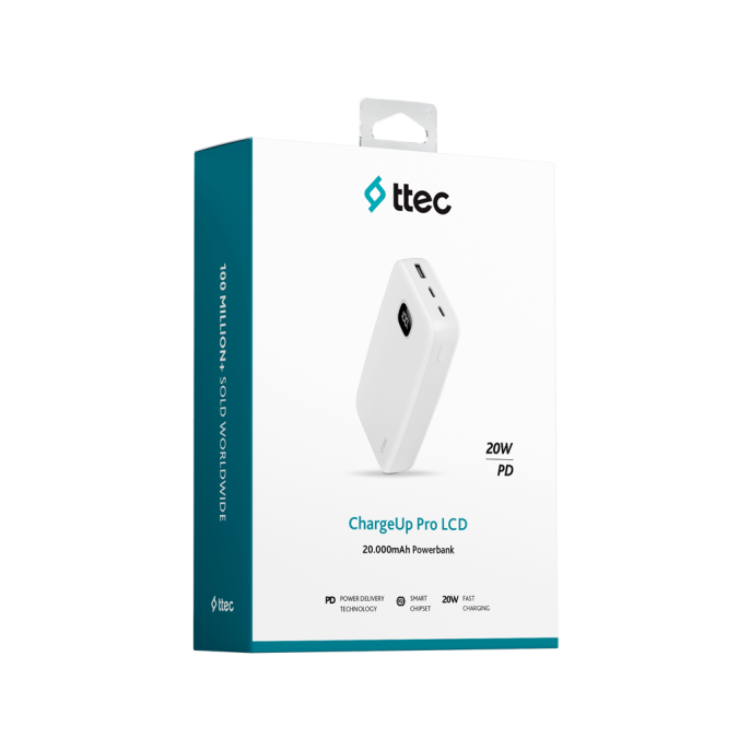 Внешний аккумулятор TTEC ChargeUp Pro LCD 20.000mAh PD 20W Powerbank. Цвет: белый