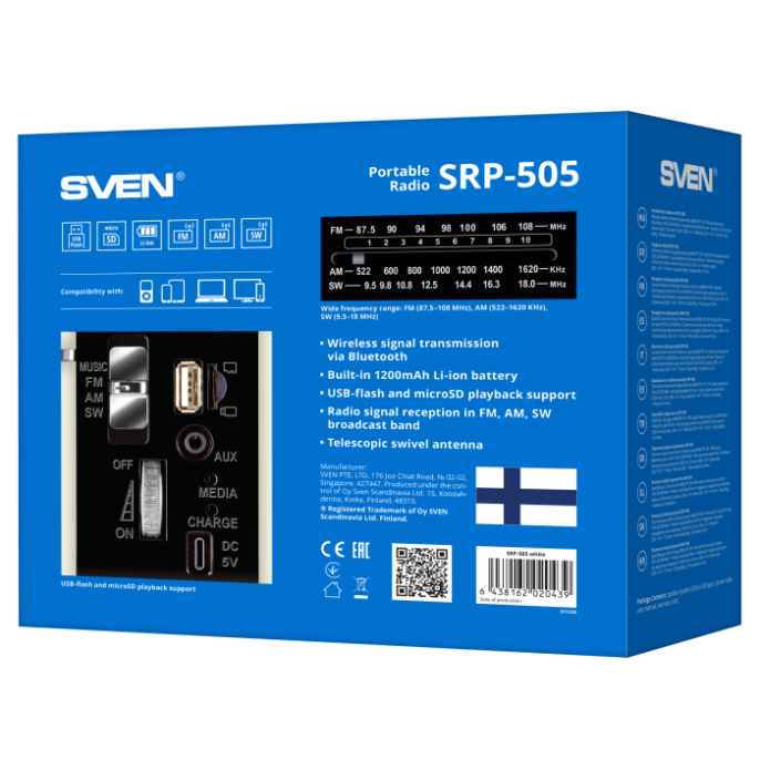 Радиоприемник SVEN АС SRP-505, белый 3 Вт,Bluetooth, FM/AM/SW, USB, microSD, AUX, встроенный аккумулятор SV-020439