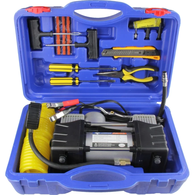 Компрессор Nova Bright АК-75 двухпоршневой, до 75 л/мин., 150 PSI, 12В, пластиковый кейс с инструментами 36448