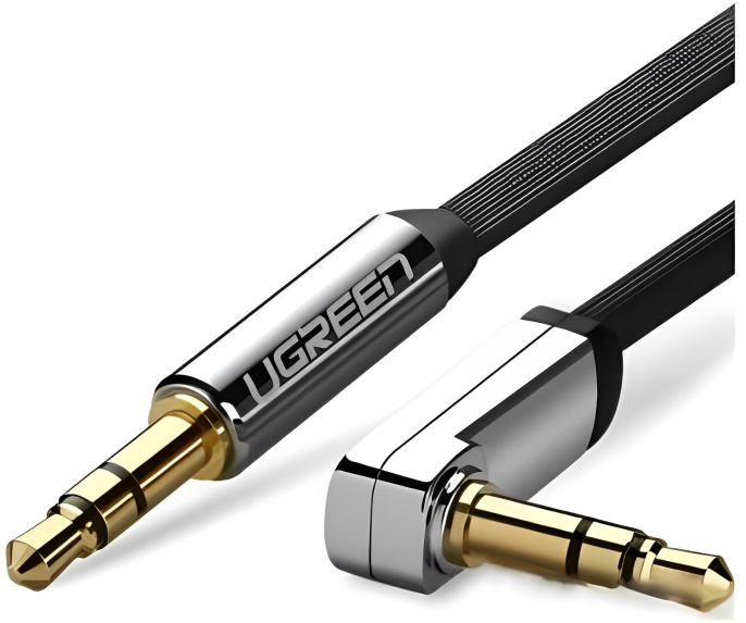 Кабель UGREEN AV119-10596 AUX 3.5mm M to AUX 3.5mm M , улогвой 90°, позолоченные коннекторы, Качество стереозвучания Hi-Fi, силиконовый круглый, 0.5m, Black