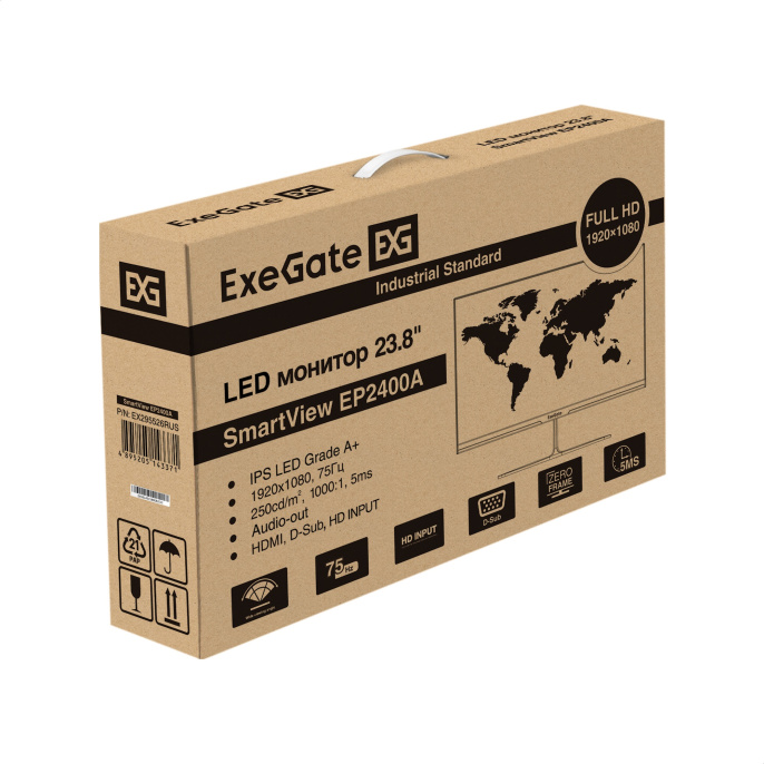 Монитор с внутренним БП и аудио выходом 23.8" ExeGate SmartView EP2400A IPS LED Grade A+, FHD, 1920x1080@75Гц, 16:9, 250cd/m2, 1000:1, 178°/178°, 5ms, D-Sub, HDMI, audio-out, встроенный БП, FreeSync, Flicker-free, Low Blue Light, кабель HDMI 1.5м, VESA,