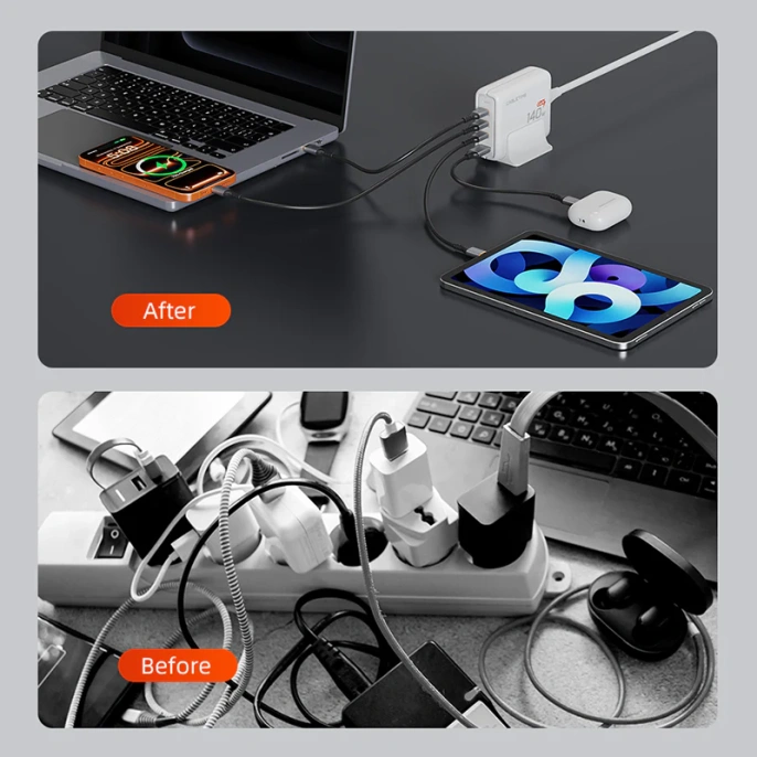 Зарядное устройство CABLETIME G14WE (CT-GAN140-PWE) GaN II PD3.1 3C1A 140 Вт, ЕС/США, белый