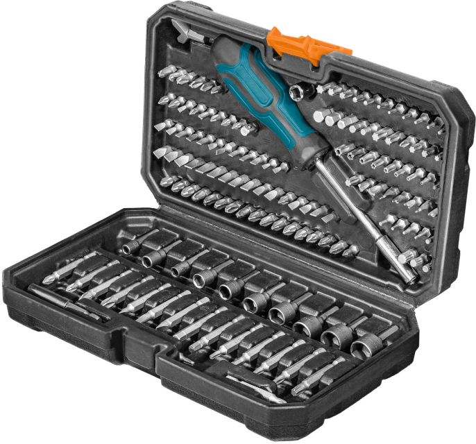 Набор инструментов Bort BTK-138 139 предметов 93418552 отвертка с битами, материал: хромованадиевая сталь CR-V , хвостовик: шестигранный, присоединительный размер папа M : 1/4" Hex, рабочий размер: от 4 до 13 мм