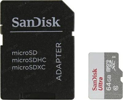 Карта памяти SanDisk Ultra SDSQUNR-064G-GN3MA microSDXC Memory Card 64Gb UHS-I U1 + microSD-- SD Adapter
