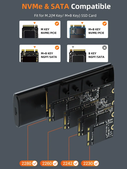 Внешний корпус USB-C CABLETIME CB32G (CT-SSD03-AG) USB 3.1 TYPE-C для NVME M.2 SSD PCIE CENGUE