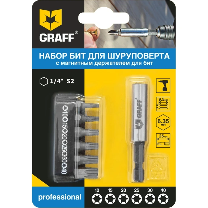 Набор бит с магнитным держателем (6 шт; T10-40) GRAFF 4605