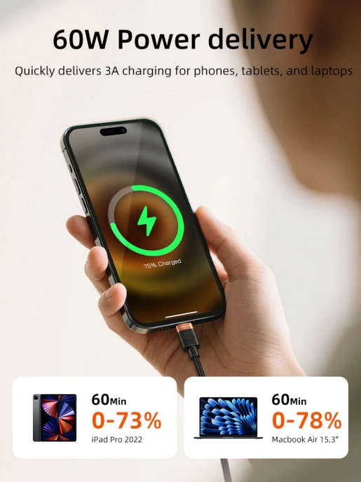 Кабель CABLETIME CUP6H (CT-CM60-AOB1) 1м USB C PD60W алюминий и ПВХ + плетеный для смартфонов