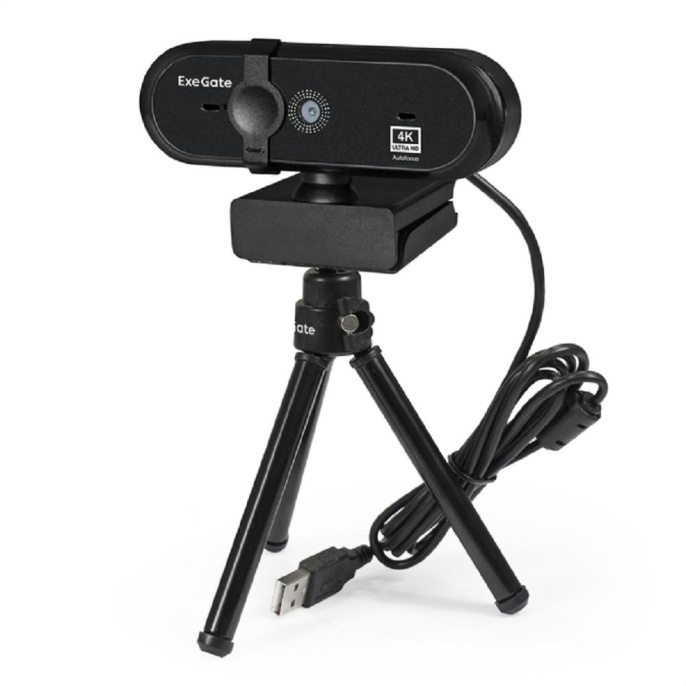 Веб-камера ExeGate Stream HD-4000 4K UHD AF T-Tripod 8Мп, 3840x2160, 30fps, H.264, автоматический фокус, защитная шторка, телескопический штатив Tripod Tele Ball, 4-линзовый объектив стекло , стерео микрофон с шумоподавлением, универсальное крепление, U