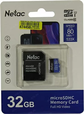 Карта памяти Netac NT02P500STN-032G-R microSDHC Memory Card 32Gb UHS-I U1 + microSD-- SD Adapter