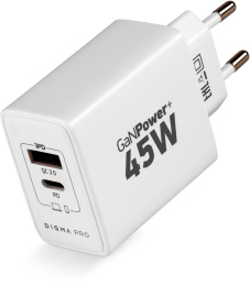 Сетевое зарядное устройство Digma DPW4A,  USB-A,  USB-C, 45Вт, 3A, белый [dpw4a5gx11wh]