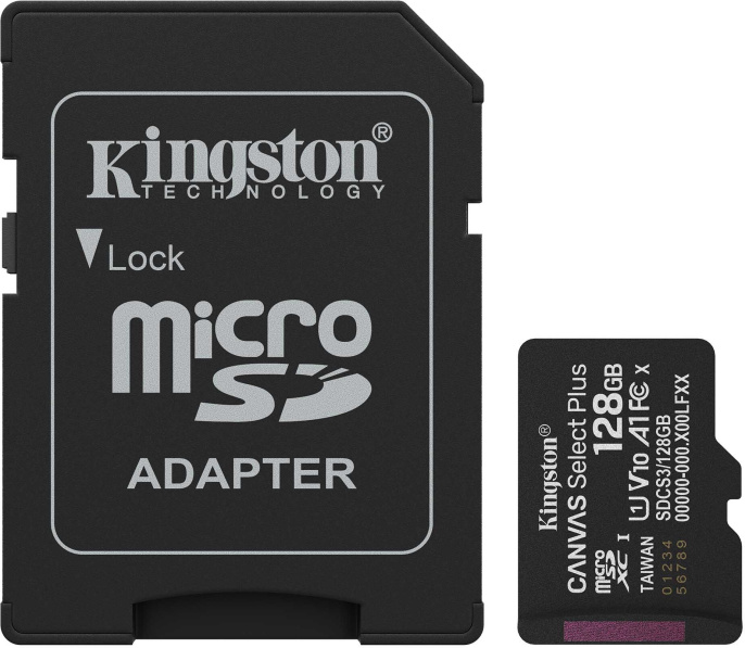 Карта памяти Kingston SDCS3/128GB  SecureDigital Micro 128GB microSDXC Canvas Select Plus Gen3 150MB/s A1 Card + Adapter (Full HD Video)