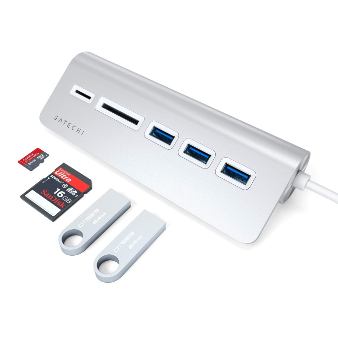 USB-концентратор Satechi Type-C USB Hub & Micro/SD Card Reader. Интерфейс USB-C. 3 порта USB 3.0 , слоты для карты памяти. Цвет серебряный. (ST-TCHCRS)