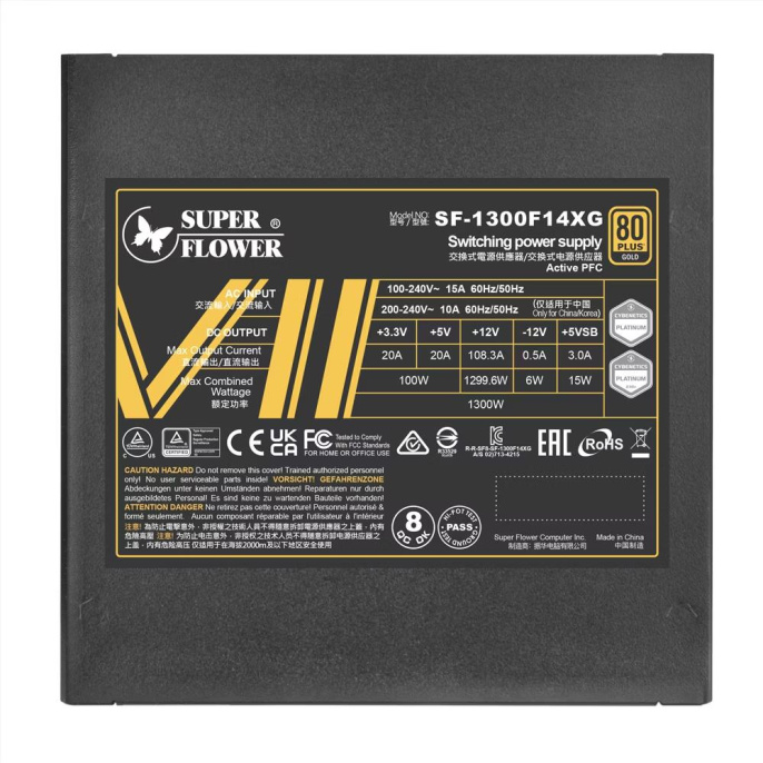 Блок питания Super Flower Leadex VII XG 1300W ATX 3.1 Черный SF-1300F14XG EPS Ver.2.92/ATX3.1, APFC, 80Plus Gold, 3,3V-20А, 5V-20А, 12V-108.3А, -12V-0.5А, 5Vsb-3А, 1х24pin, 2х4+4pin, 4х6+2pin, 1х16 Pin, 12хSATA, 4хMolex, защиты: OVP, OCP, OTP, SCP, UVP