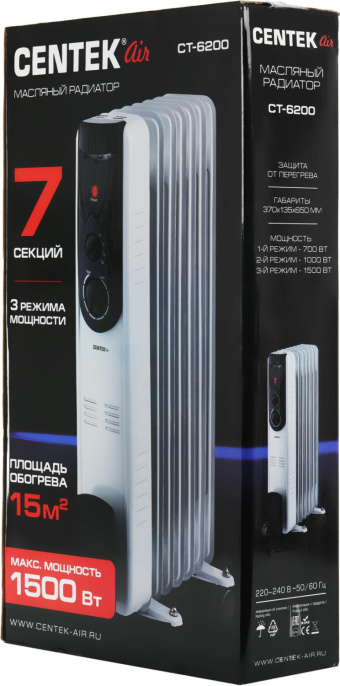 Масляный радиатор CENTEK CT-6200, 1500Вт, 7 секций, 3 режима, белый