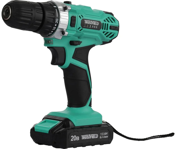 Дрель-шуруповёрт Trustfield ETCD-18.1.1 щеточный двигатель, питание: аккумулятор, 20В, крутящий момент: 28Нм, быстрозажимной патрон: 10мм, 2 скорости, 0-350/0-1350об/мин, аккумулятор 1.5Ач, ЗУ