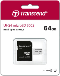 Карта памяти/ Transcend 64GB microSDXC Class 10 UHS-I U1 R95, W45MB/s with SD adapter (TS64GUSD300S-A)