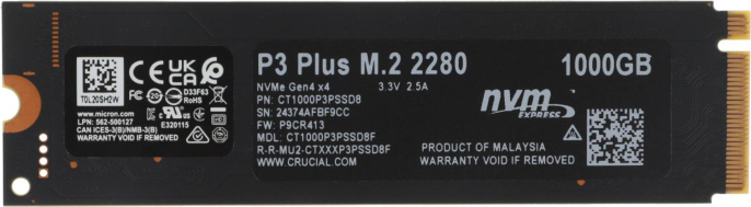 SSD накопитель Crucial P3 Plus CT1000P3PSSD8 1ТБ, M.2 2280, PCIe 4.0 x4,  NVMe,  M.2